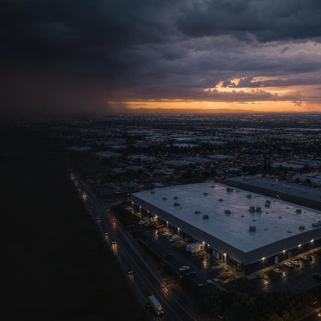 Storm-lit aerial view of a commercial roofing district