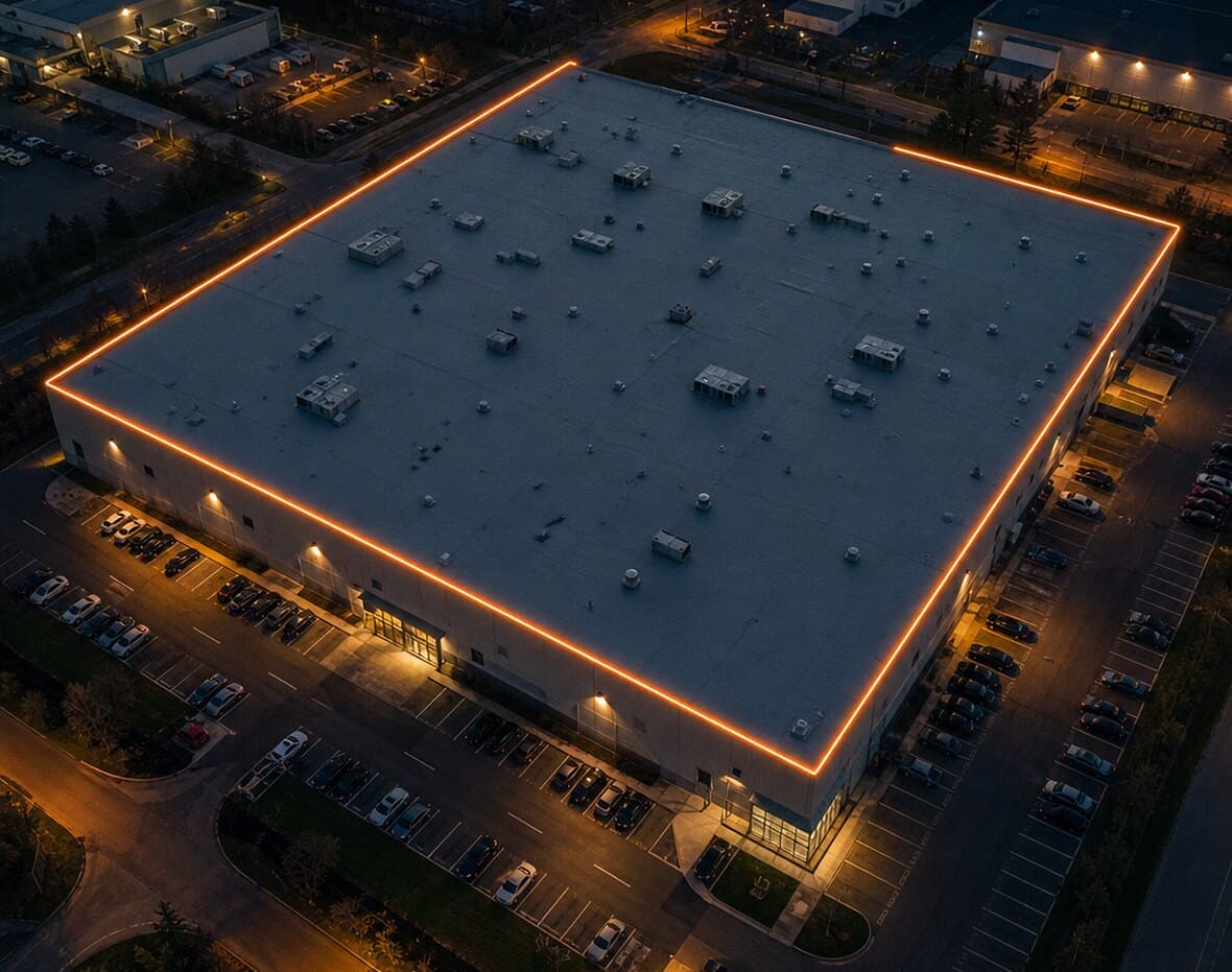 Aerial view of the illustrative sample property at 3604 Asset St, Dallas, TX 75247, with the roof outlined
